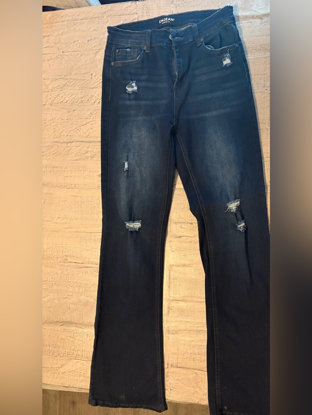 Size 9 stretchy Dark Indigo Distressed Flare Jeans -like new very comfortable
